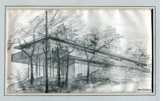 Mel was a talented artist and frequently painted, sculpted, and made woodcuts. Shown here is an example of a sketch he made in the ‘60s of his beloved home in Usonia.