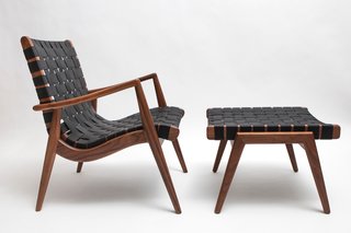 Mel’s Woven Leather Armchair from 1956 was one of his strongest pieces. Now available in the same dapper silhouette and made of solid walnut, it sits modern as ever with a matching ottoman. 