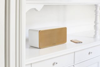 The Sound Piece is available in three different metallic shades including silver, gold, and rose gold (shown here). It measures 15.7 in. wide x 6.3 in. high x 6.9 in. deep. 