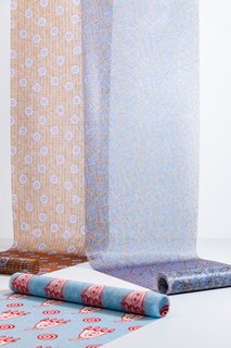Pasquier and Sowden’s collection for ZigZag Zurich offers a selection of ready-made wallcoverings with wild patterns that are digitally-printed onto a thin woven fleece material. Its transparent nature allows the wall behind the panels to play a part in the design. 
