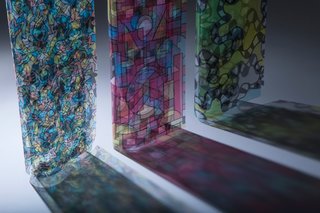 One of the most interesting material treatments is found in the drapery fabric that’s appropriately titled, Plastic Fantastic. Pasquier and Sowden developed a special sheer material that’s made up of a woven Trevira, which creates a vitrage effect in a room when light shines through it. 