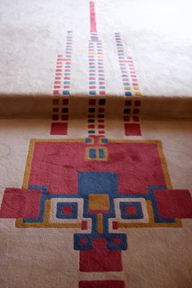 The thoughtful repetition of the hollyhock motif was pointed out everywhere we went. Even the living space rug—which was also designed by Wright—featured the motif with a range of bright colors. The original version (this is a reproduction) was built as one large piece that covered the living room and the extended spaces surrounding it without any seams. 