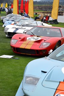 Lining the water on the 18th fairway of Pebble Beach Golf Links was a grouping of sporty race cars ranging from the ‘50s through the ‘70s—all of which had their own distinctive character and action-filled histories. The blue and orange car in the front is a 1968 Ford GT40 Mirage, which came from Sandy, Utah. During its time, it marked the first win for the blue and orange Gulf livery, which has now become legendary. It also was used as a camera car in the film Le Mans by Steve McQueen.