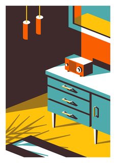 Throughout his work, Booth focuses on harsh angles and shadows. Here, he exaggerates the geometry that exists in midcentury furnishings.
