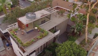 This overhead view of the VDL residence shows the top level that holds the water pools, garden, rooftop, and the glass-enclosed seating area where Mrs. Neutra would encourage guests to spend time in. 