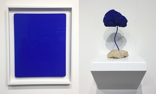 For those who admire the work of French artist Yves Klein (1928–1962), this intense shade of blue could be spotted a mile away. Along with paving the way for French Pop art, he was most notably known for his work with this powdery, ultramarine pigment, which he patented as "International Klein Blue." With locations in London and New York, Lévy Gorvy gallery presented two of his signature pieces. Shown on the left is Untitled Blue Monochrome from 1960, while his Untitled Blue Sponge Sculpture from 1959 is shown on the right. 