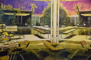 The San Francisco-based Hosfelt Gallery presented an impressive collection of architectural illustrations by German artist Stefan Kürten. Shown here is Mirage, which was made with acrylic and ink on paper in 2016. Kürten is known for depicting environments we create in order to craft a "perfect life." This often results in midcentury homes, bungalows, and resorts that used to promise prosperity in the post-World War II environment—though each image contains hidden details that hint at decay or disaster. 