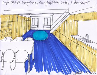 Bright Colors and Sleek White Oak Fill This Playful Lake Tahoe Loft - Photo 2 of 9 - Shown here is a sketch that Simon created at the beginning stages of the project. It shows how she planned to combine the living, dining, and kitchen areas into one long and lean space.