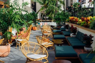 Throughout the hotel, the designers sourced a mix of new, custom, and vintage furnishings. The outdoor spaces include furniture by Kettal, custom cabanas, and lounge chairs inspired by the Locus Solus collection.