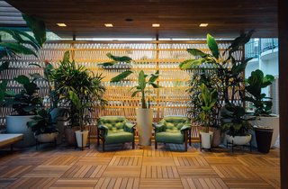 At a renovated hotel in Honolulu's Waikiki in Hawaii, a design team that included Portland-based OMFGCO and Randolph Designs revived the communal areas of the 250-room hotel, including the bar, restaurant, lobby, and concierge spaces.