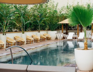 The property includes a saltwater swimming pool with a bamboo-shaded sun deck.