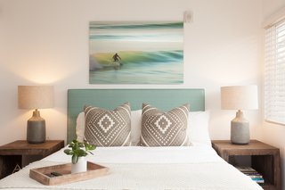 A New Modern Hotel in San Diego Offers Surfing Adventures and Local Hospitality - Photo 6 of 10 - The rooms are furnished with comfortable, contemporary, and beachy textiles, as well as artwork by local artists including Andy Davis, Daniella Manini, and Billy Watts. This piece above the bed is actually by Elisabet Harth, Nikki and Sander's mother.