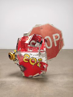 Stop Side Early Winter Glut, 1987 – Riveted metal road signs, car parts, and gas station signs 109.9 x 116.8 x 86.4 cm 