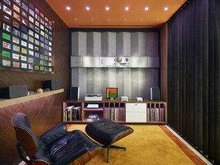 Located downstairs, a seventh listening station—targeted to the consummate audiophile—demonstrates how the Sonos system can connect to analog audio equipment. It features Braun electronics designed by Dieter Rams in the 1960s, alongside an Eames Lounge Chair and a framed selection of cassette tapes, handpicked by musician Thurston Moore of Sonic Youth.