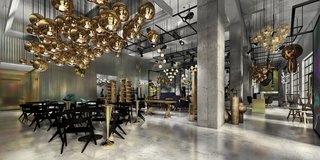 Twenty Minutes With:
Tom Dixon - Photo 2 of 2 - In Culver City, Tom Dixon has collaborated with concept boutique Curve for an integrated showroom display that combines fashion, food, and furniture. Shown are clusters of his Slab chairs in black, Mirror Ball pendants in gold, Plane chandelier, Melt pendants in copper, and Etch Shade pendants in brass.