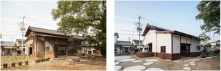 A view of the sake warehouse before conversion (left), and after (right). Badly decayed, much of the structure had been demolished, leaving just the main building intact on a largely vacant lot.