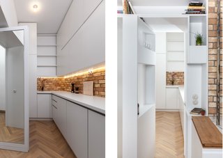 Concealed doors make the service area double as a private passageway. A mirror-lined door connects to the master suite (left); at the other end, a pivoting shelf door (right) leads to the kitchen and dining area. For the resident, an entrepreneur of a cold brew coffee business, the service area is also his home workspace.