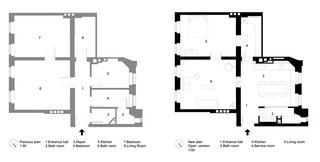 Removing several walls that previously partitioned the northwest-facing corner of the home into small, awkward spaces (left), the architect consolidated the interior into three main spaces, plus a concealed service area that can be privately accessed from the bedroom and dining area (right).