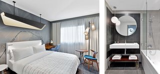 The Largest Hotel in Paris Gets a Midcentury Modern Update - Photo 4 of 5 - Interior architect Jean-Phillipe Nuel led the redesign of the guest rooms, which are packed with stylish space efficiencies. Long curtains visually enlarge the interior, and a modestly sized wall-mounted desk and chair provide ample space for working on a laptop. 