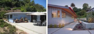 Located in the Pacific Palisades, the original structure (left) had been virtually untouched for over 40 years; architect Kevin Southerland recently renovated it with an eye for preserving its "good bones" and gently updating it with eco-friendly materials. A new layer of painted cement board (right) now coats the exterior, lending it long-term durability and resistance to decay.