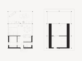 The cabin features an open-plan organized around three main areas: The deck, living area, and bedroom and bath. The lofted level (right) includes another bedroom.