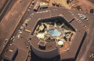 An ariel view of Caesars Palace and the Gardens of the Gods pool oasis, circa 1970.