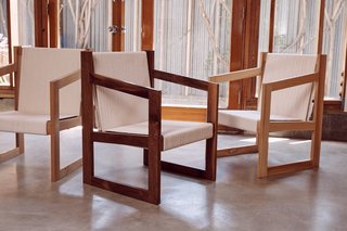 The Chair No. 2 by Dust to Dust is based on designer Kristin Grant Fowler's experience in boatbuilding. The chairs are available in oak, walnut, and ash with mortise-and-tenon joints; 500 feet of rope comprise the seat and back. A dark shou-sugi-ban version, not pictured, is also available.