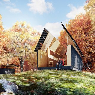SKYHUT by Waind Gohil + Potter has a roof that opens to the stars—a nod to Cadair Idris, where legend has it that travelers sleeping outside would awaken as poets or madmen. 