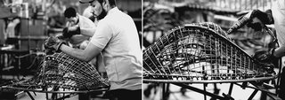 Making Bertoia - Photo 5 of 14 - Workers assembling and bracing a Bertoia Diamond Chair. Photography by Knoll.