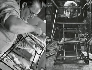 Making Bertoia - Photo 13 of 14 - Factory worker assembling the base and frame of a Bertoia Side Chair. Image from the Knoll Archive.