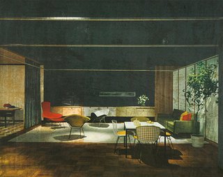 Bertoia Two-Tone Side Chairs in Knoll Showroom at Merchandise Mart in Chicago, Illinois, 1953.