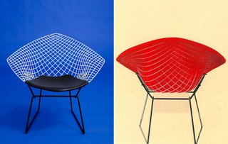 Left: A photograph of the reissued Bertoia Two-Tone Diamond Chair, 2016. Photograph by Knoll Right: A hand-painted advertisement for the Bertoia Two-Tone Diamond Chair from the 1950s. Image from the Knoll Archive.