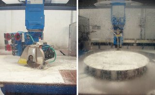 Quarry to Table: A Story in Stone - Photo 8 of 13 - Marble being water cooled and cut by polycrystalline diamond blades, 2013. Photography by Knoll.
