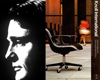 (Left) Portrait of Charles Pollock (Right) 1970s-era Knoll International advertisement employing the Massimo Vignelli grid, with photography by Jon Naar and Alex Naar