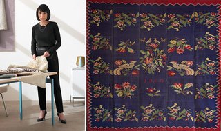 Left: Dorothy Cosonas, Creative Director, KnollTextiles. Right: The original heirloom rug woven for Cosonas' grandmother in 1913 by nuns on the Greek island of Lesbos.
