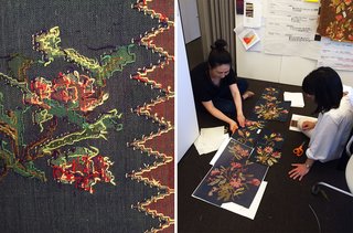 Left: Detail of the back of the heirloom rug that inspired the collection. Right: Dorothy Cosonas and Mee Ok Ryu at work. 