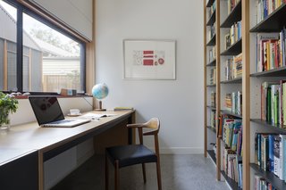 One homeowner is studying part-time and requested a quiet workspace. The desk is made out of plywood and Licorice Linea from Laminex. 