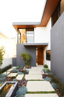 Lanscape designer Jack Kiesel opted to use succulents in the front garden for their aesthetics and low water use, a plus in Southern California. "The sculptural quality of the succulents and color combinations pop against the smooth white stucco of the contemporary home," he says. 