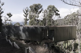 This Off-Grid Container Home in Australia Disappears in Nature - Photo 1 of 8 - The two ends of the containers can be opened or closed at a pivot for more or less privacy. Over time, native plants will grow on the roof and north side of the structure. 