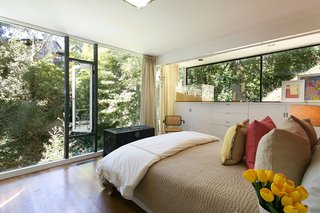 An Amazing Tree-Covered Glass House For Sale in the Berkeley Hills - Photo 16 of 20 - A corner bedroom's floor-to-ceiling windows allow sunlight to stream in, while the mature trees help maintain privacy.