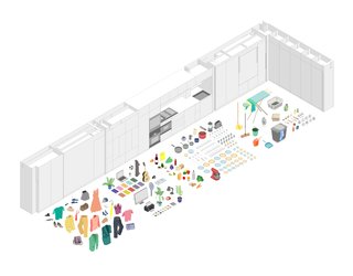 In the "open" configuration, everyday objects and possessions are hidden in clever storage modules.