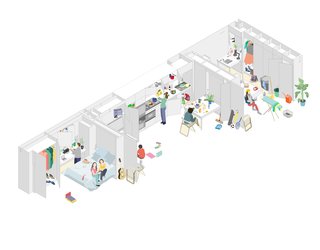 In the "closed" configuration, dedicated space is given to two private sleeping quarters, with common living area in the middle.