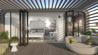 Coodos come with an optional outdoor pergola featuring a patio made of recyclable deck planks.