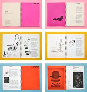 The Ergon chair was introduced in 1976 after Stumpf conducted 10 years of research into how people really sit when they work. His concept books, shown here, included documentation of consultations with orthopedic surgeons and cardiovascular specialists to understand the effects of chairs and the seated posture on the body's circulatory system, muscles, and bones.