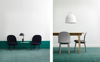 The Ace Lounge Chair in dark blue velour and the Ace Dining Table Chair in grey wool.