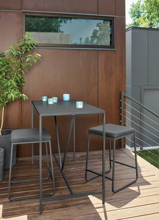 Slim counter table, Rollins stools