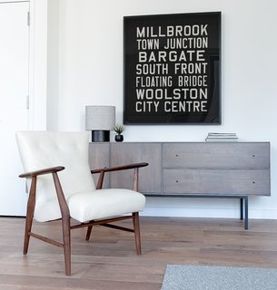 Jonas chair, Hudson cabinet, Haddie lamp, one-of-a-kind Vintage Trolley Sign