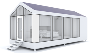 ModulOne includes solar panels that fuel power systems to control climate, clean water, and air quality. The frame is made of 3D-printed carbon fiber and fiberglass, and the entire house is recyclable.