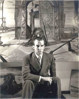 Spotlight on John Yeon, the Father of Northwest Regional Architecture - Photo 14 of 14 - John Yeon photographed in 1941 at the Julien Levy Gallery in New York. He's seated in front of Eugene Berman's painting, "Time and the Monuments," which Yeon had commissioned. 