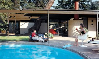 Saul and Dr. Ruth Bass poolside at Case Study House #20B in Altadena, California, 1958.